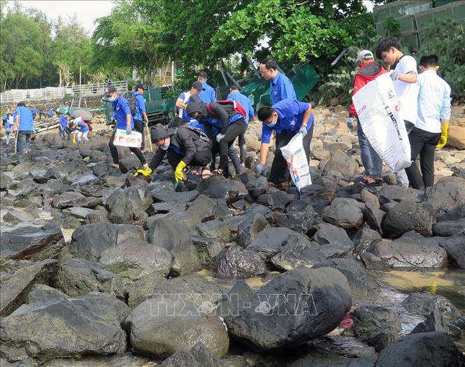 Đoàn viên, thanh niên tỉnh Phú Yên tham gia dọn rác khu vực biển Hòn Yến. Ảnh: Xuân Triệu - TTXVN                                                              