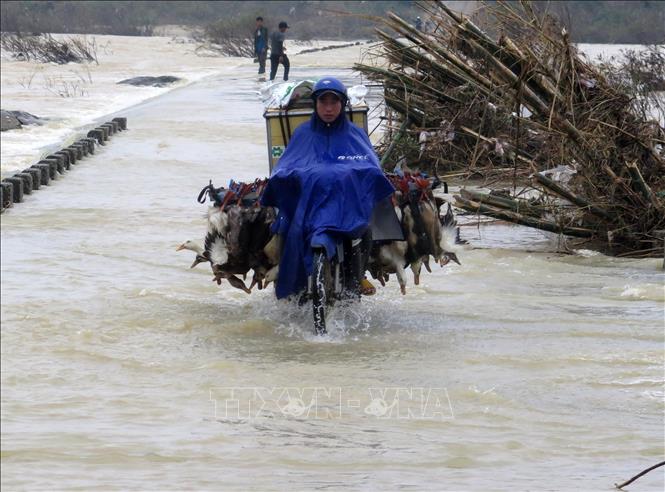 Trong ảnh: Người dân điều khiển phương tiện vượt dòng nước chảy xiết. Ảnh: Lê Ngọc Phước- TTXVN
