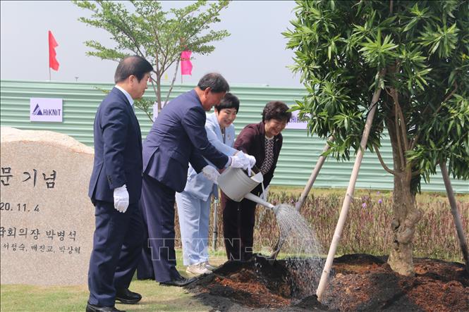 Trong ảnh: Đoàn Đại biểu cấp cao Quốc hội Hàn Quốc trồng cây tại Công ty Samil Vina. Ảnh: Công Phong - TTXVN