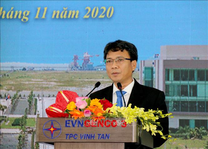 Trong ảnh: Ông Thiên Thanh Sơn, Giám đốc Công ty Nhiệt điện Vĩnh Tân phát biểu. Ảnh: Nguyễn Thanh - TTXVN