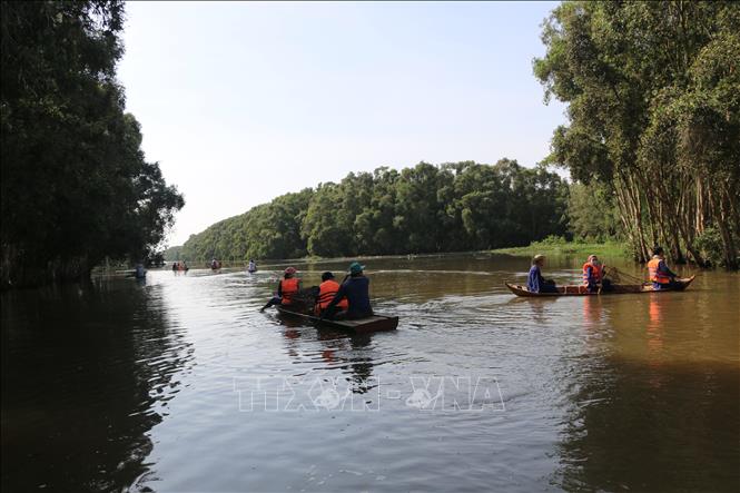 Trong ảnh: Khách du lịch bơi xuồng trải nghiệm 