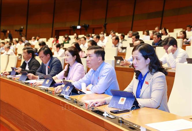 Đại biểu Quốc hội tỉnh Bình Phước biểu quyết thông qua dự thảo Nghị quyết về dự toán ngân sách nhà nước năm 2021. Ảnh: Phương Hoa - TTXVN