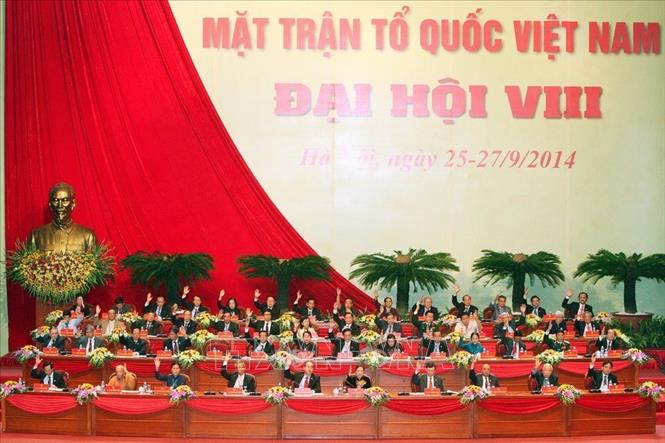 Trong ảnh: Đại hội đại biểu toàn quốc Mặt trận Tổ quốc Việt Nam lần thứ VIII nhiệm kỳ 2014-2019 với chủ đề “Đoàn kết - dân chủ - đổi mới – phát triển