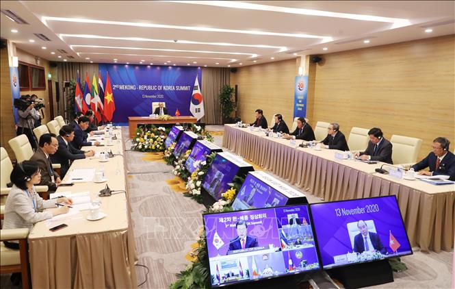 Hội nghị Cấp cao Mekong - Hàn Quốc lần thứ 2 tại điểm cầu Hà Nội. Ảnh: Lâm Khánh - TTXVN