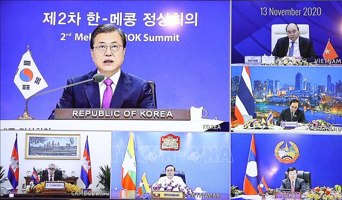 Tổng thống Hàn Quốc Moon Jae-in phát biểu trực tuyến. Ảnh: Thống Nhất – TTXVN
