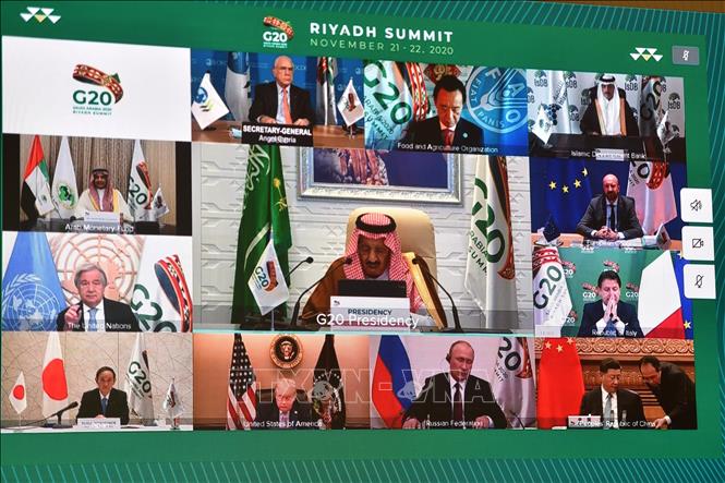 Trong ảnh: Các nhà lãnh đạo tham dự Hội nghị thượng đỉnh G20, được tổ chức trực tuyến, ngày 21/11/2020. Ảnh: AFP/ TTXVN