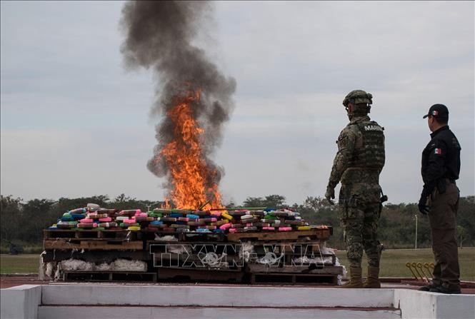 Trong ảnh (tư liệu): Binh sĩ Mexico thiêu hủy số cocaine thu giữ tại thành phố Veracruz, Mexico, ngày 16/1/2018. Ảnh: AFP/TTXVN
