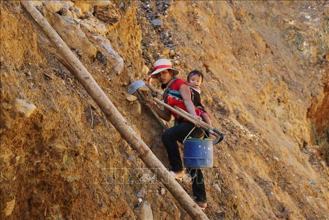 Chị Tẩn Tả Mẩy, 23 tuổi, người dân tộc Dao, xã Hua Bum cõng con gái Phàn Thị Thư mới hơn 1 tuổi đi cheo leo vào khu vực đào vàng. Ảnh: Hoàng Thùy Oanh-TTXVN