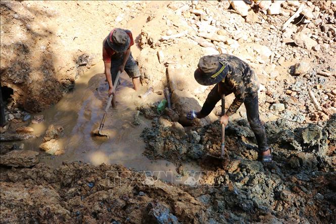 Họ tìm kiếm vận may đào vàng ở suối Nậm Cười. Ảnh: Hoàng Oanh Thùy-TTXVN