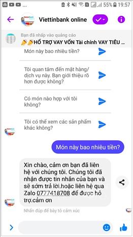 Trong ảnh: Phần tin nhắn trao đổi thông tin giữa tư vấn viên Công ty tài chính Hoàng Kim và ông Thành. Ảnh: Hồng Điệp - TTXVN 