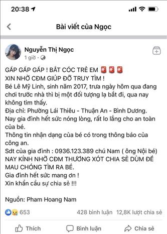 Trong ảnh: Thông tin giả mạo việc bé gái bị bắt cóc có hàng trăm lượt chia sẻ và quan tâm. Ảnh: TTXVN phát