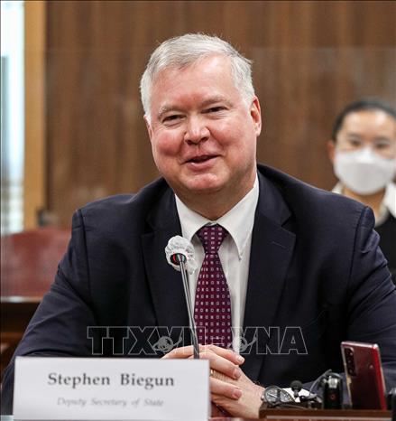 Thứ trưởng Ngoại giao kiêm đặc phái viên của Mỹ về vấn đề Triều Tiên Stephen Biegun (ảnh) trong cuộc gặp Thứ trưởng Ngoại giao thứ nhất Hàn Quốc Choi Jong-kun tại Seoul ngày 9/12/2020. Ảnh: YONHAP/TTXVN