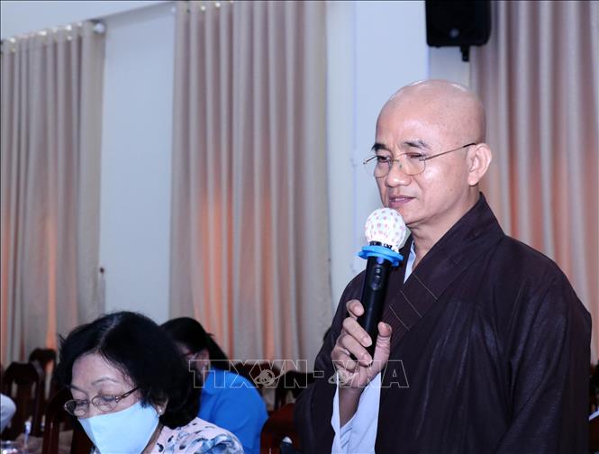 Trong ảnh: Hòa thượng Thích Thiện Quý , Phó Ban Trị sự Giáo hội Phật giáo Việt Nam Thành phố Hồ Chí Minh, góp ý về công tác ngoại giao nhân dân tại Hội nghị lắng nghe ý kiến của các giới, các tầng lớp nhân dân Thành phố đối với Đảng và Đại hội Đảng các cấp nhiệm kỳ 2020-2025 do Ủy ban MTTQ Việt Nam Thành phố Hồ Chí Minh tổ chức. Ảnh: Xuân Khu-TTXVN