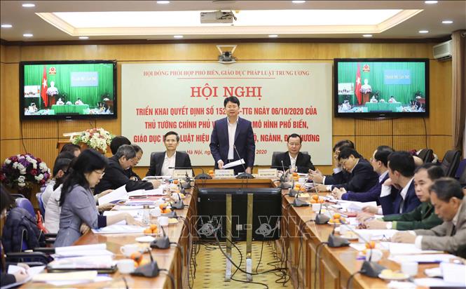 Trong ảnh: Quang cảnh hội nghị tại điểm cầu Bộ Tư pháp (Hà Nội). Ảnh: Thanh Tùng - TTXVN 