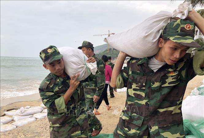 Trong ảnh: Lực lượng vũ trang tại tỉnh Bình Định vận chuyển bao tải cát giúp người dân xã Nhơn Hải, TP Quy Nhơn gia cố nhà cửa chống bão số 6. Ảnh: Nguyên Linh -TTXVN