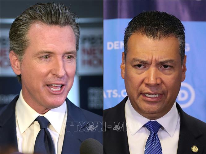 Trong ảnh (ảnh ghép): Thống đốc bang California Gavin Newsom (trái) đề cử ông Alex Padilla (phải) làm Thượng nghị sĩ thay Phó Tổng thống đắc cử Kamala Harris. Ảnh: AFP/TTXVN