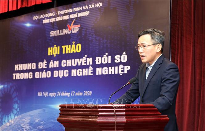 Trong ảnh: Ông Nguyễn Hải Cường, Chánh Văn phòng Tổng cục Giáo dục nghề nghiệp phát biểu tại Hội thảo. Ảnh: Anh Tuấn – TTXVN