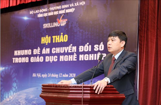 Trong ảnh: Ông Phạm Vũ Quốc Bình, Phó Tổng cục trưởng Tổng cục Giáo dục nghề nghiệp phát biểu tại Hội thảo. Ảnh: Anh Tuấn – TTXVN