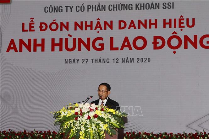 Trong ảnh: Tổng Giám đốc CTCP Chứng khoán SSI Nguyễn Hồng Nam phát biểu. Ảnh: Thanh Vũ – TTXVN