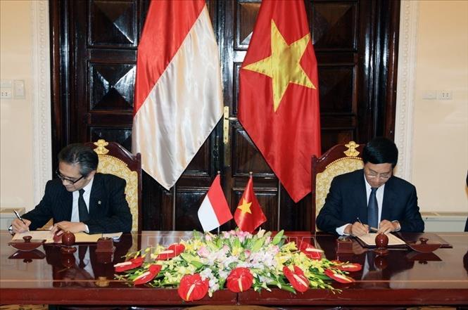 Trong ảnh: Bộ trưởng Bộ Ngoại giao hai nước Việt Nam – Indonesia ký Biên bản ghi nhớ tại Phiên họp lần thứ nhất Uỷ ban hợp tác song phương Việt Nam – Indonesia (25/7/2012). Ảnh: Nguyễn Dân – TTXVN