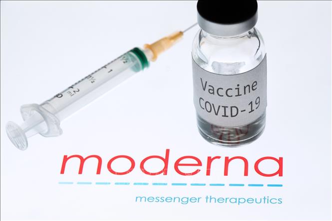 Trong ảnh: Hình ảnh lọ vaccine ngừa COVID-19 bên logo của Hãng dược phẩm Moderna Inc (Mỹ). Ảnh: AFP/TTXVN  