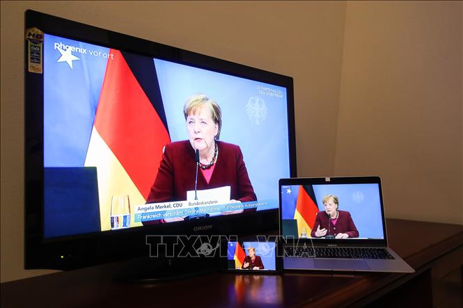 Trong ảnh: Thủ tướng Đức Angela Merkel phát biểu tại Đại hội lần thứ 33 của đảng Liên minh Dân chủ cơ đốc giáo Đức (CDU) được tiến hành theo hình thức trực tuyến ở Berlin ngày 15/1/2021. Ảnh: THX/TTXVN