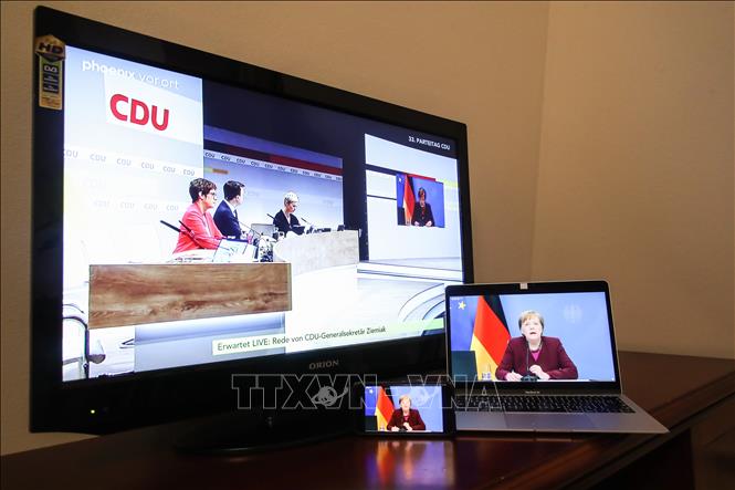 Trong ảnh: Thủ tướng Đức Angela Merkel phát biểu tại Đại hội lần thứ 33 của đảng Liên minh Dân chủ cơ đốc giáo Đức (CDU) được tiến hành theo hình thức trực tuyến ở Berlin ngày 15/1/2021. Ảnh: THX/TTXVN