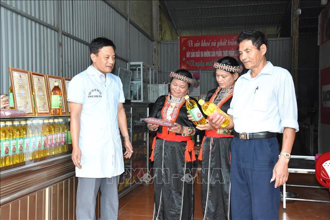 Trong ảnh: Dầu lạc đỏ Thái Sơn, lạc ri vỏ đỏ Thái Sơn của Hợp tác xã Thái Sơn được các khách hàng ưa chuộng. Ảnh: Việt Dũng - TTXVN 