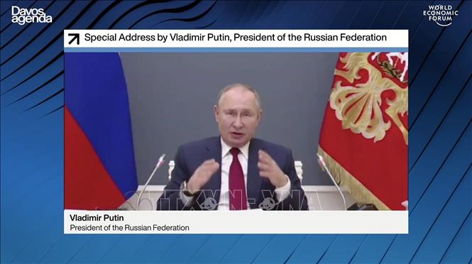 Trong ảnh: Tổng thống Nga Vladimir Putin phát biểu tại Hội nghị trực tuyến Diễn đàn kinh tế thế giới Davos 2021 (WEF) ngày 27/1/2021. Ảnh: AFP/TTXVN