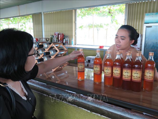 Trong ảnh: Du khách chọn mua sản phẩm siro nho của trang trại Nho Ba Mọi. Ảnh: Minh Hưng - TTXVN