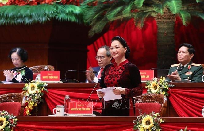 Trong ảnh: Đồng chí Nguyễn Thị Kim Ngân, Ủy viên Bộ Chính trị, Chủ tịch Quốc hội thay mặt Đoàn Chủ tịch điều hành phiên khai mạc Đại hội. Ảnh: TTXVN