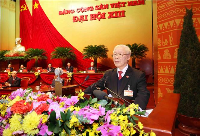 Đồng chí Nguyễn Phú Trọng, Tổng Bí thư BCHTW khóa XIII, Chủ tịch nước CHXHCN Việt Nam đọc Diễn văn bế mạc Đại hội, sáng 1/2/2021. Ảnh: TTXVN