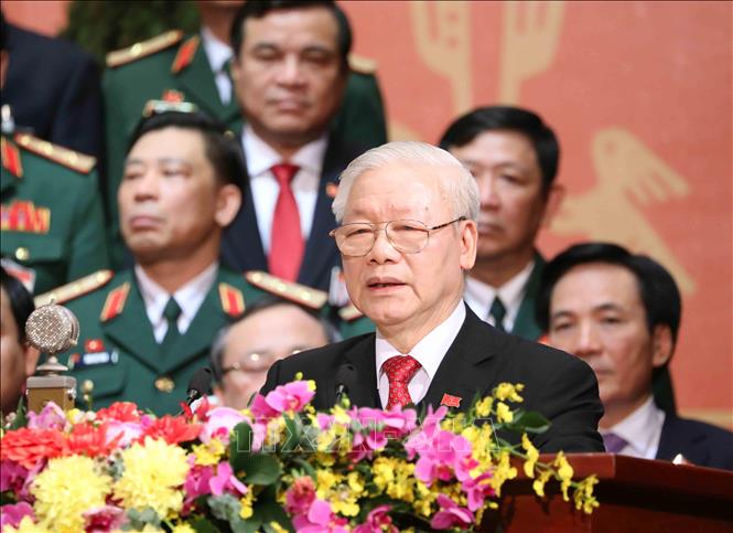 Đồng chí Nguyễn Phú Trọng, Tổng Bí thư BCHTW khóa XIII, Chủ tịch nước CHXHCN Việt Nam thay mặt BCHTW khóa XIII phát biểu ý kiến tại lễ ra mắt trong phiên bế mạc, sáng 1/2/2021. Ảnh: TTXVN