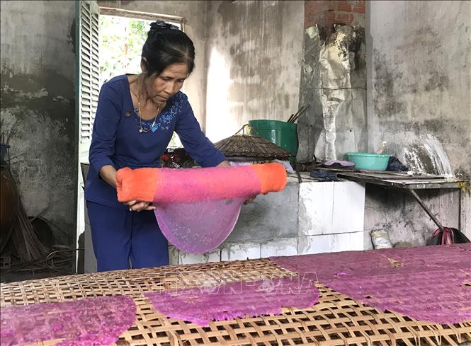 Trong ảnh: Bà Trần Thị Thúy Liễu, xã Lục Sĩ Thành, huyện Trà Ôn, tỉnh Vĩnh Long sáng tạo ra chiếc bánh tráng thanh long với hương vị và màu sắc hấp dẫn. Ảnh: Lê Thúy Hằng – TTXVN.