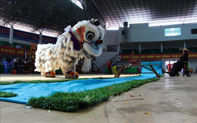 Trong ảnh: Người múa lân phải thể hiện được các hành động như lăn, chụp, nhảy, cắn và cảm xúc của lân như vui, giận, say, giật mình. Ảnh: Hồng Thái - TTXVN