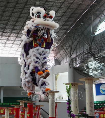 Trong ảnh: Mai hoa thung - tiết mục biểu diễn khó nhất của nghệ thuật múa lân. Ảnh: Hồng Thái - TTXVN