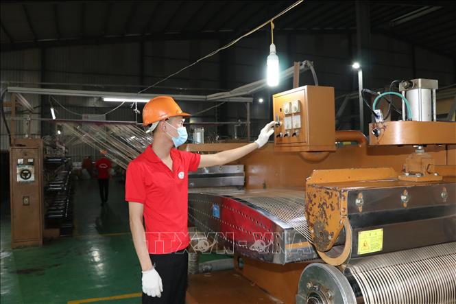 Trong ảnh: Dây truyền sản xuất bao bì tại Công ty cổ phần khoáng sản Red Stone. Ảnh: Việt Dũng - TTXVN