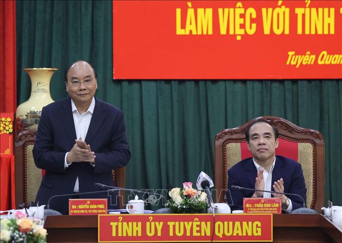 Thủ tướng Nguyễn Xuân Phúc tại buổi làm việc với lãnh đạo chủ chốt tỉnh Tuyên Quang. Ảnh: Thống Nhất – TTXVN
