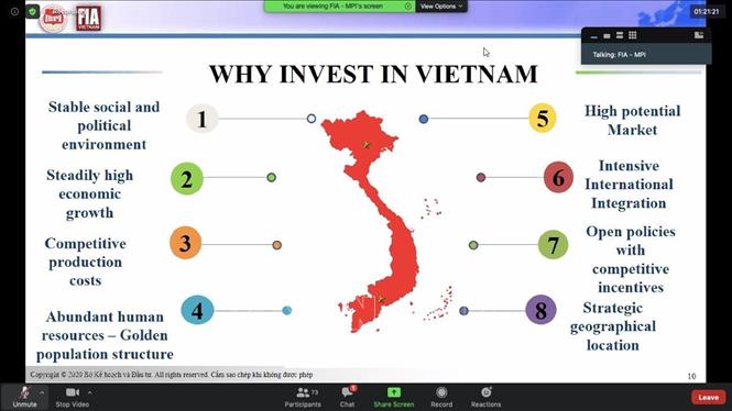 Trong ảnh: Một hình chiếu tại hội nghị giới thiệu các lợi thể để đầu tư vào Việt Nam. Ảnh: Huy Lê - P/v TTXVN tại Ấn Độ