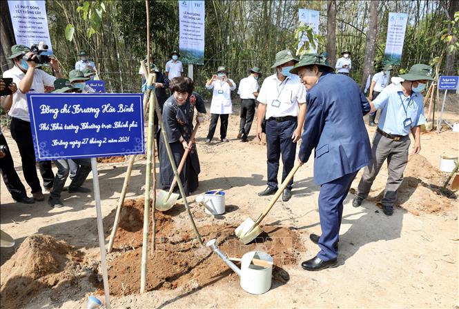 Trong ảnh: Phó Thủ tướng Thường trực Chính phủ Trương Hòa Bình tham gia Tết trồng cây tại Ô Tà Sóc, xã Lương Phi, huyện Tri Tôn. Ảnh: Thanh Sang- TTXVN