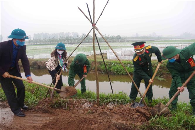 Trong ảnh: Lãnh đạo Bộ chỉ huy Quân sự tỉnh Hưng Yên, lãnh đạo Hội Nông dân tỉnh Hưng Yên cùng các tân binh trồng cây. Ảnh: Đinh Tuấn - TTXVN