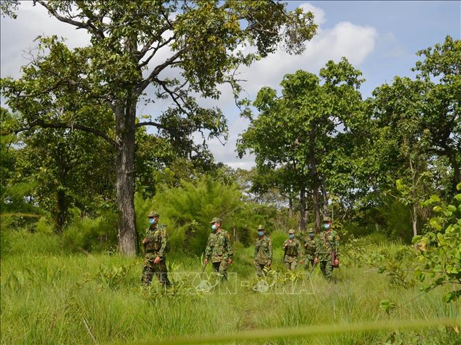 Trong ảnh: Lực lượng bộ đội biên phòng Đắk Lắk tuần tra, kiểm soát khu vực biên giới, thực hiện “nhiệm vụ kép” vừa bảo vệ an ninh biên giới vừa phòng chống dịch bệnh COVID-19. Ảnh: TTXVN Phát