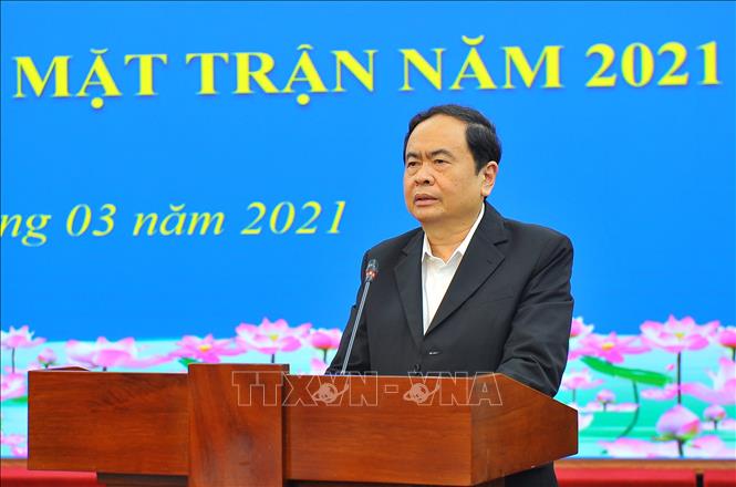 Ủy viên Bộ Chính trị, Chủ tịch UBTƯ MTTQ Việt Nam Trần Thanh Mẫn phát biểu chỉ đạo nhiệm vụ trọng tâm công tác Mặt trận năm 2021. Ảnh: Minh Đức - TTXVN