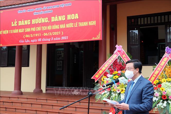 Trong ảnh: Ủy viên Trung ương Đảng, Bí thư Tỉnh ủy Hải Dương Phạm Xuân Thăng phát biểu ôn lại cuộc đời hoạt động cách mạng của đồng chí Lê Thanh Nghị. Ảnh: Mạnh Tú - TTXVN