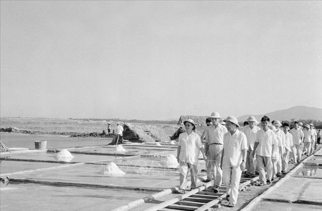 Trong ảnh: Phó Thủ tướng Lê Thanh Nghị thăm đồng muối Hải Châu (Tĩnh Gia, Thanh Hóa), tháng 5/1964. Ảnh: Lê Nghị- TTXVN
