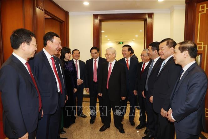 Trong ảnh: Tổng Bí thư, Chủ tịch nước Nguyễn Phú Trọng cùng các đồng chí lãnh đạo Đảng, Nhà nước và các đại biểu dự Hội nghị. Ảnh: Trí Dũng –TTXVN