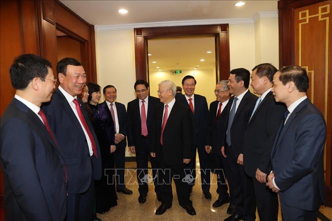 Trong ảnh: Tổng Bí thư, Chủ tịch nước Nguyễn Phú Trọng cùng các đồng chí lãnh đạo Đảng, Nhà nước và các đại biểu dự Hội nghị. Ảnh: Trí Dũng –TTXVN