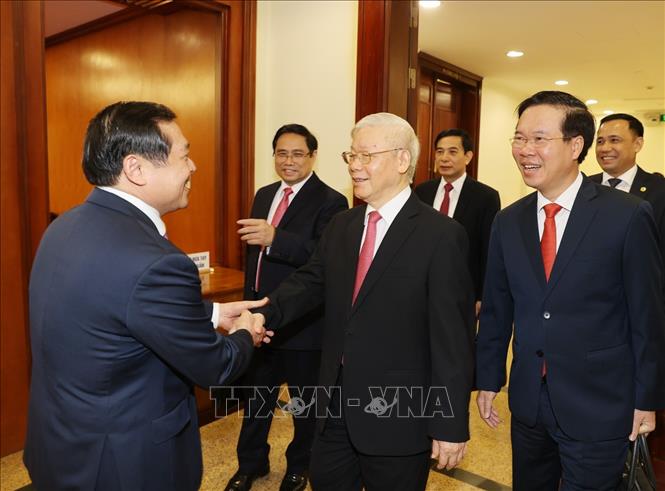 Trong ảnh: Tổng Bí thư, Chủ tịch nước Nguyễn Phú Trọng với các đại biểu dự Hội nghị. Ảnh: Trí Dũng –TTXVN