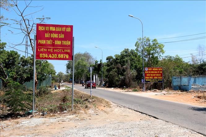 Nhiều biển giới thiệu, môi giới bất động sản được dựng lên trên tuyến đường dẫn vào khu vực dự án sân bay Phan Thiết. Ảnh: Nguyễn Thanh - TTXVN 
