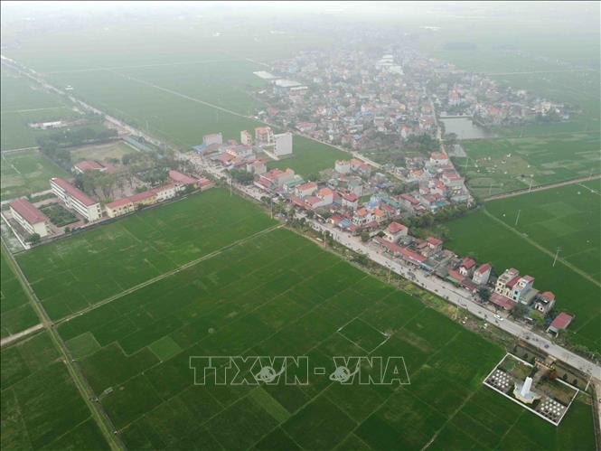 Trong ảnh: Diện mạo xã Hoa Sơn, huyện Ứng Hòa hôm nay với cánh đồng lúa chất lượng cao bao quanh khu dân cư. Xã Hoa Sơn phấn đấu đạt chuẩn nông thôn mới nâng cao trong năm 2021. Ảnh: Vũ Sinh - TTXVN